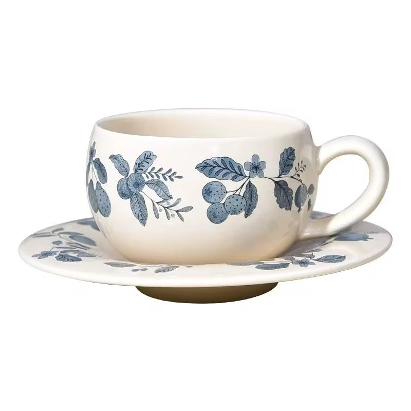 Handcrafted Ceramic Cup & Saucer with Blue Botanical Motif | Vintage-Inspired Tea & Coffee Set | ARIKA