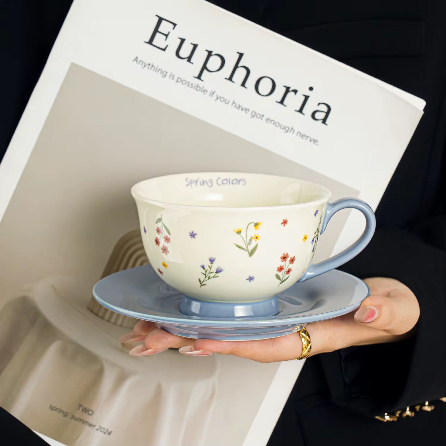 Spring Floral Ceramic Cup & Blue Saucer Set | Eco-Friendly Tea & Coffee Cup – ARIKA