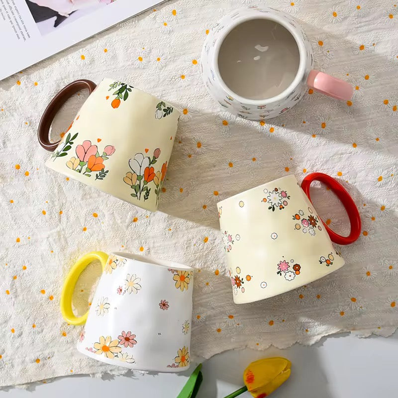 Handcrafted Ceramic Floral Mug with Pink Handle | Minimalist Tea & Coffee Mug | ARIKA