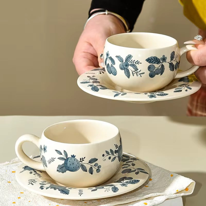 Handcrafted Ceramic Cup & Saucer with Blue Botanical Motif | Vintage-Inspired Tea & Coffee Set | ARIKA