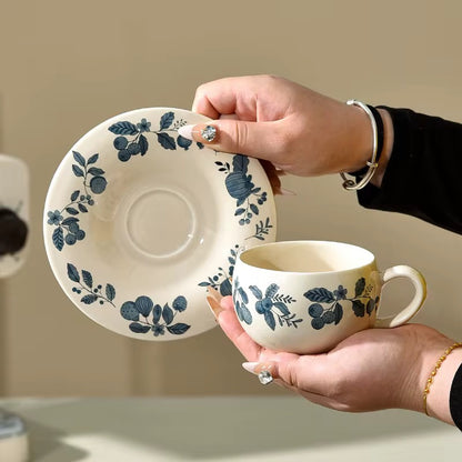 Handcrafted Ceramic Cup & Saucer with Blue Botanical Motif | Vintage-Inspired Tea & Coffee Set | ARIKA