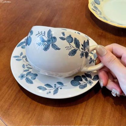 Handcrafted Ceramic Cup & Saucer with Blue Botanical Motif | Vintage-Inspired Tea & Coffee Set | ARIKA