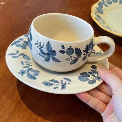Handcrafted Ceramic Cup & Saucer with Blue Botanical Motif | Vintage-Inspired Tea & Coffee Set | ARIKA