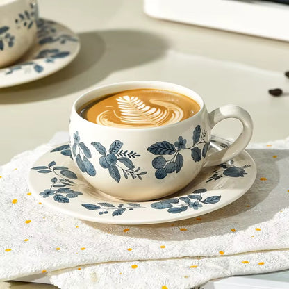 Handcrafted Ceramic Cup & Saucer with Blue Botanical Motif | Vintage-Inspired Tea & Coffee Set | ARIKA