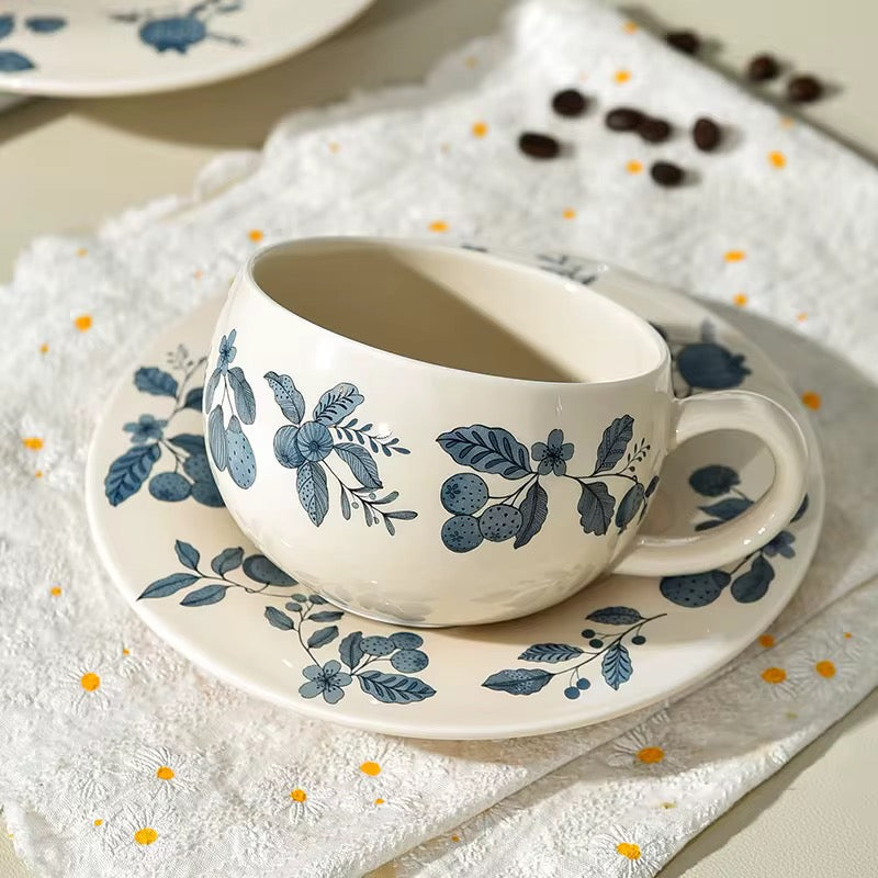 Handcrafted Ceramic Cup & Saucer with Blue Botanical Motif | Vintage-Inspired Tea & Coffee Set | ARIKA