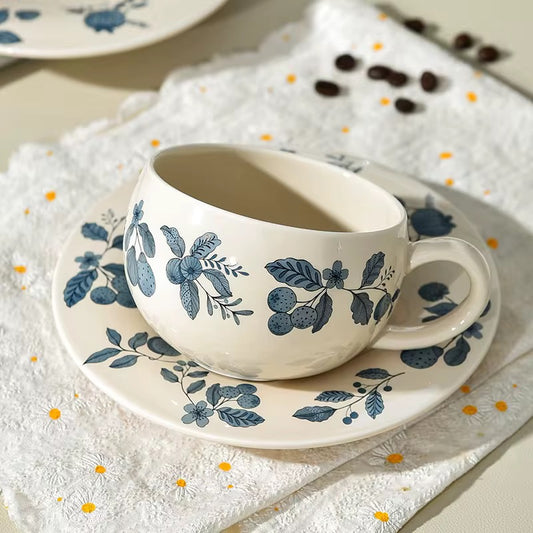 Handcrafted Ceramic Cup & Saucer with Blue Botanical Motif | Vintage-Inspired Tea & Coffee Set | ARIKA