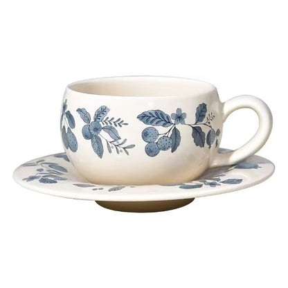 Handcrafted Ceramic Cup & Saucer with Blue Botanical Motif | Vintage-Inspired Tea & Coffee Set | ARIKA