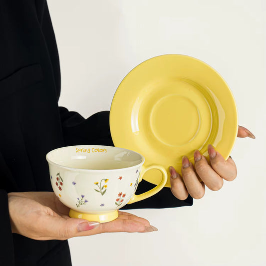 Spring Floral Ceramic Cup & Yellow Saucer Set | Eco-Friendly Tea & Coffee Cup – ARIKA