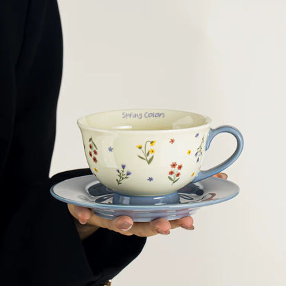 Spring Floral Ceramic Cup & Blue Saucer Set | Eco-Friendly Tea & Coffee Cup – ARIKA