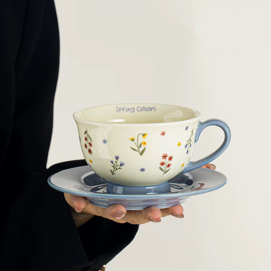 Spring Floral Ceramic Cup & Blue Saucer Set | Eco-Friendly Tea & Coffee Cup – ARIKA