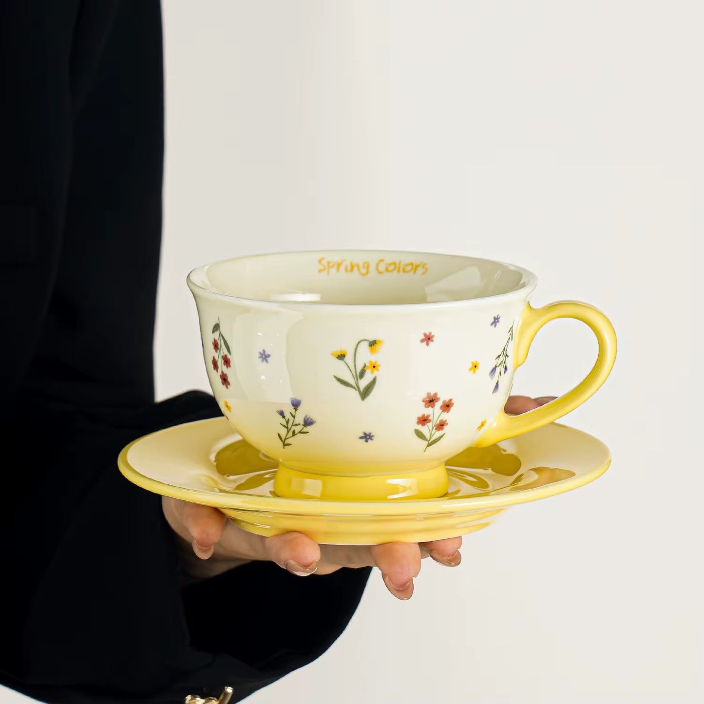 Spring Floral Ceramic Cup & Yellow Saucer Set | Eco-Friendly Tea & Coffee Cup – ARIKA