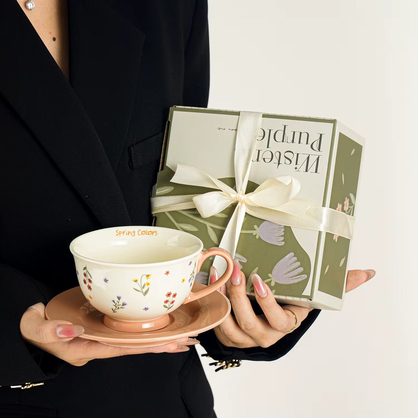 Spring Floral Ceramic Cup & Brown Saucer Set | Eco-Friendly Tea & Coffee Cup | ARIKA