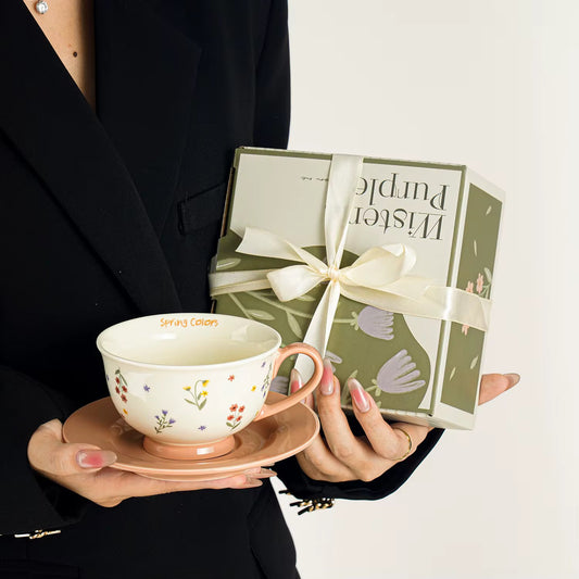 Spring Floral Ceramic Cup & Brown Saucer Set | Eco-Friendly Tea & Coffee Cup | ARIKA