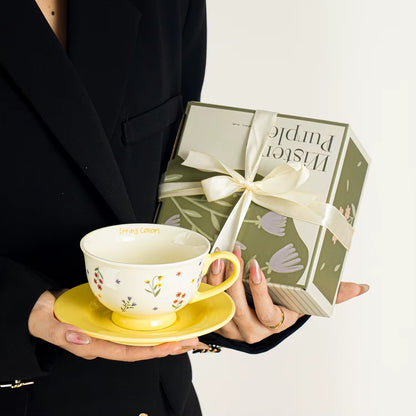 Spring Floral Ceramic Cup & Yellow Saucer Set | Eco-Friendly Tea & Coffee Cup – ARIKA
