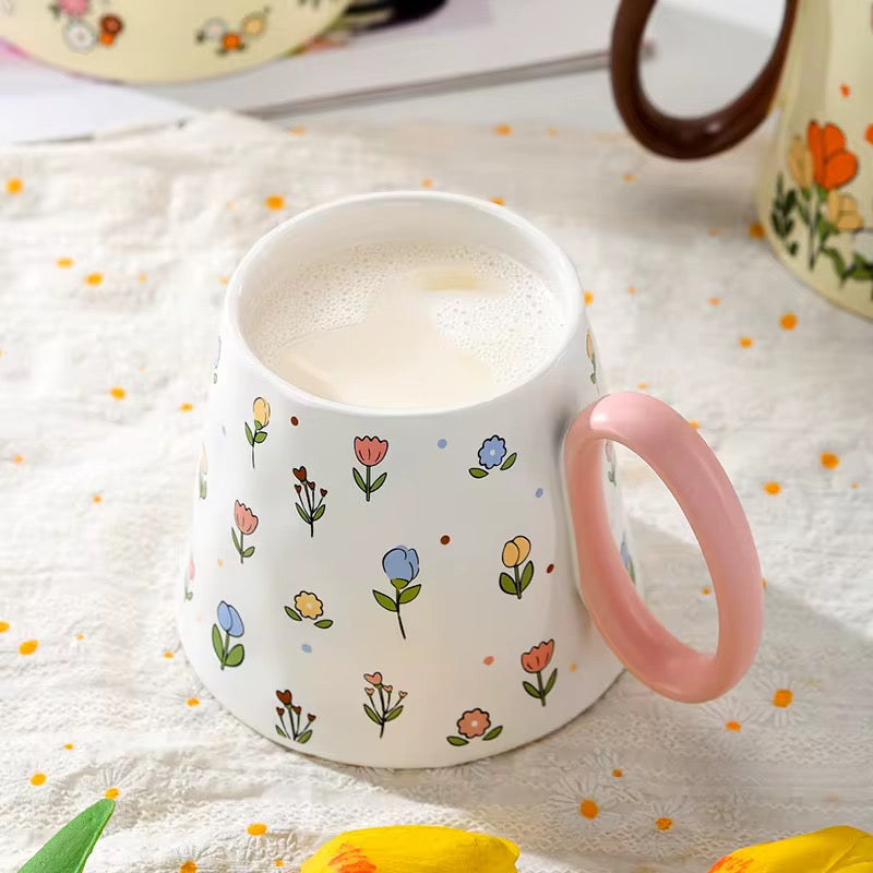 Handcrafted Ceramic Floral Mug with Pink Handle | Minimalist Tea & Coffee Mug | ARIKA