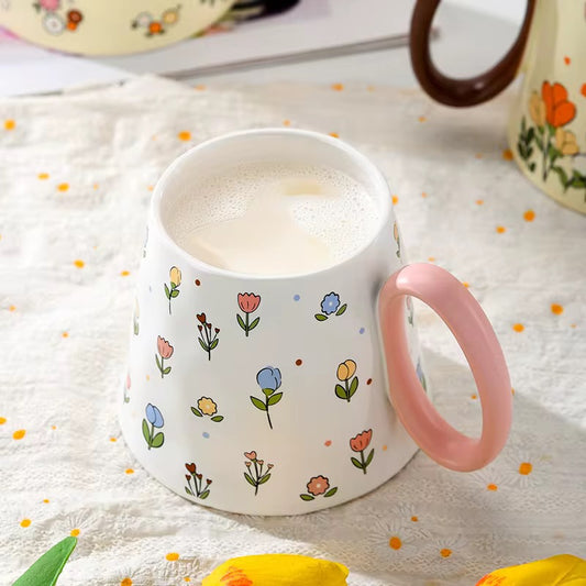 Handcrafted Ceramic Floral Mug with Pink Handle | Minimalist Tea & Coffee Mug | ARIKA
