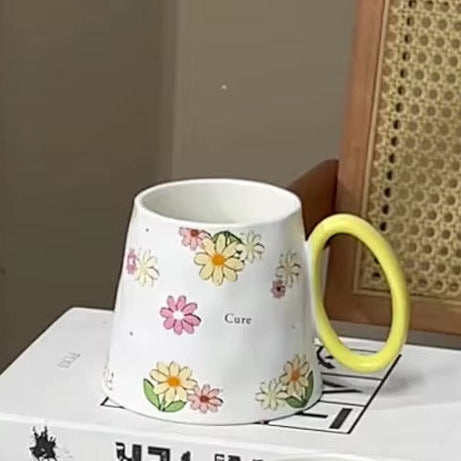 Floral Ceramic Mug with Yellow Handle | Retro Garden Coffee & Tea Cup