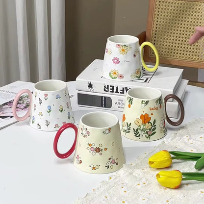 Floral Ceramic Mug with Yellow Handle | Retro Garden Coffee & Tea Cup