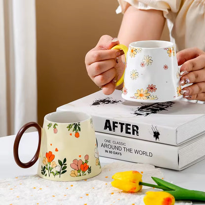 Floral Ceramic Mug with Yellow Handle | Retro Garden Coffee & Tea Cup