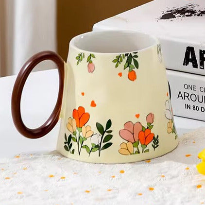 Floral Ceramic Mug with Brown Handle | Retro Garden Coffee & Tea Cup
