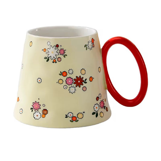 Floral Ceramic Mug with Red Handle | Retro Garden Coffee & Tea Cup