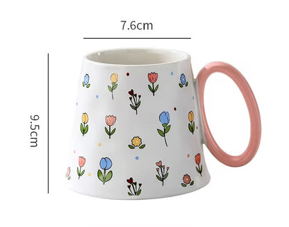 Handcrafted Ceramic Floral Mug with Pink Handle | Minimalist Tea & Coffee Mug | ARIKA