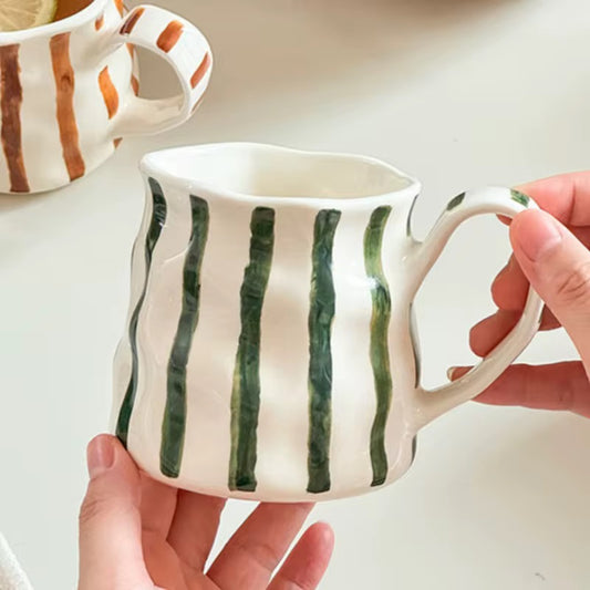 Handcrafted Green Striped Ceramic Mug | Artisan Glazed Tea & Coffee Cup