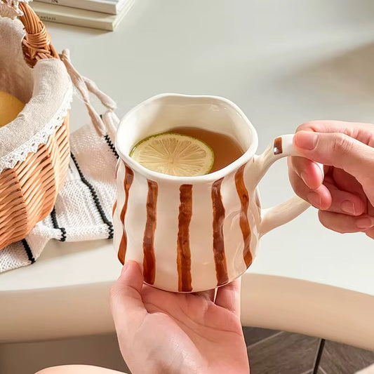 Elegant Brown Striped Ceramic Mug | Artisan Glazed Tea & Coffee Cup
