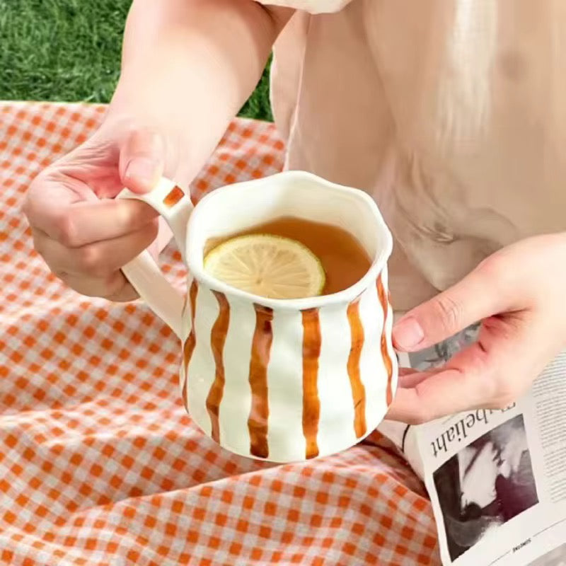Elegant Brown Striped Ceramic Mug | Artisan Glazed Tea & Coffee Cup