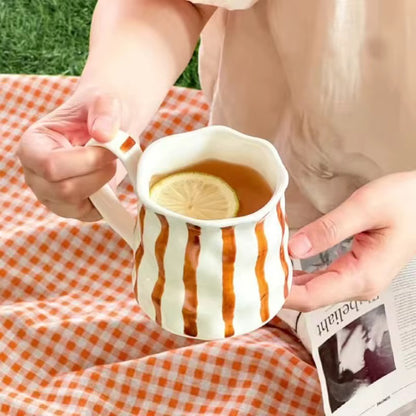 Elegant Brown Striped Ceramic Mug | Artisan Glazed Tea & Coffee Cup