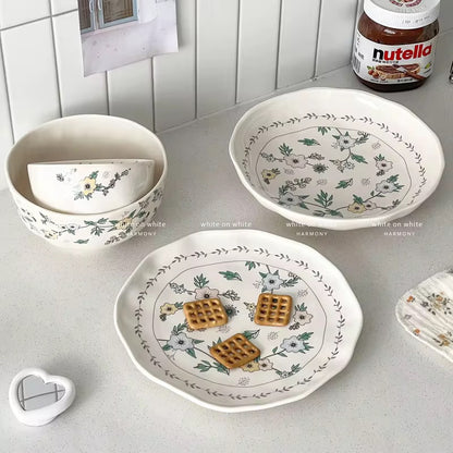 Floral Ceramic Plate – Elegant Tableware for Salad & Dessert | Eco-Friendly