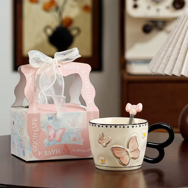 Embossed Butterfly Ceramic Pink Mug with Spoon | Elegant Coffee & Tea Mug