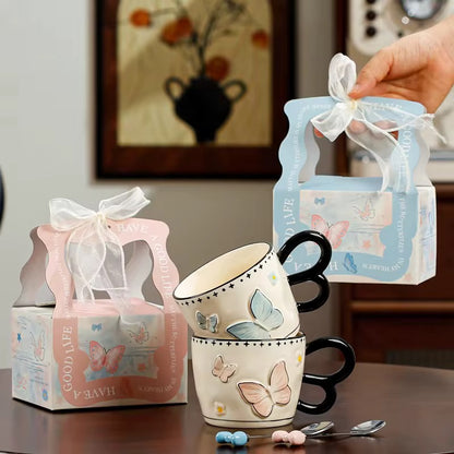 Embossed Butterfly Ceramic Blue Mug with Spoon | Elegant Coffee & Tea Mug
