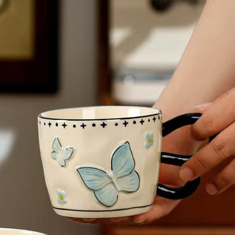 Embossed Butterfly Ceramic Blue Mug with Spoon | Elegant Coffee & Tea Mug