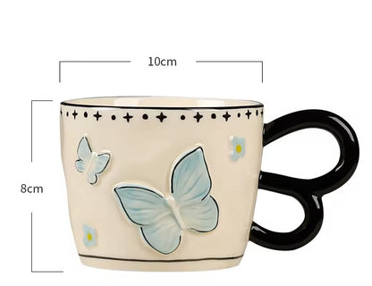 Embossed Butterfly Ceramic Blue Mug with Spoon | Elegant Coffee & Tea Mug