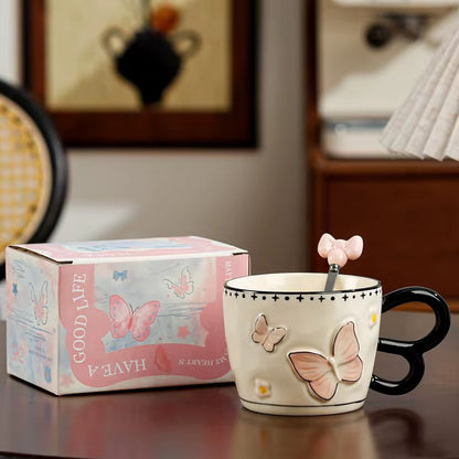 Embossed Butterfly Ceramic Pink Mug with Spoon | Elegant Coffee & Tea Mug
