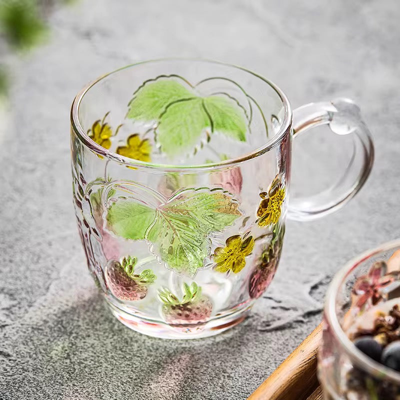 Strawberry Design Embossed Floral Glass Mug – Clear Glass Cup for Coffee & Tea | ARIKA
