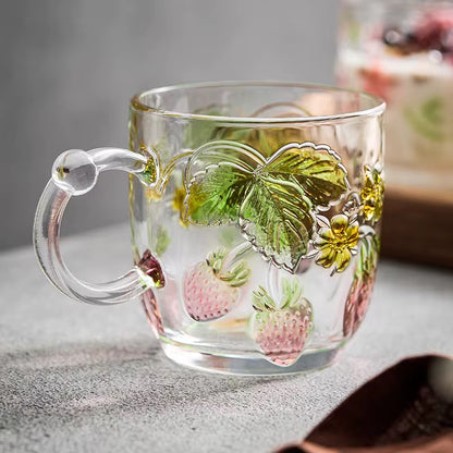 Strawberry Design Embossed Floral Glass Mug – Clear Glass Cup for Coffee & Tea | ARIKA